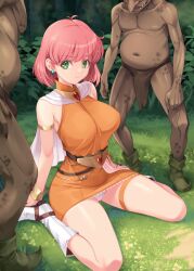 1girl 2boys belt big_belly boots bracelet breasts bush capelet colored_skin commentary_request dress earrings fat final_fantasy final_fantasy_v gem goblin gold_armlet gold_bracelet grass green_eyes green_shoes jewelry kirishima_satoshi large_breasts lenna_charlotte_tycoon loincloth monster multiple_boys orange_dress panties peril pink_hair red_gemstone shoes short_hair sitting sleeveless sleeveless_dress stud_earrings underwear wariza white_boots white_capelet white_panties