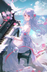 Rule 34 | 1girl, absurdres, bare shoulders, braid, breasts, choker, commentary request, dress, floating hair, flower, gloves, hair flower, hair ornament, highres, instrument, jewelry, long hair, looking at viewer, necklace, open mouth, original, piano, ribbon, sitting, smile, solo, strapless, strapless dress, tolu ya, white choker, white dress, white gloves, white hair