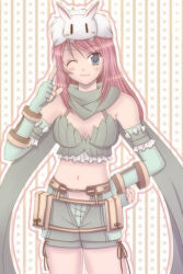 1girl animal animal_on_head belt blush bra_strap breasts brown_belt closed_mouth commentary_request cowboy_shot dated_commentary elbow_gloves gloves green_eyes green_gloves green_shorts green_tube_top index_finger_raised long_hair looking_at_viewer lunatic_(ragnarok_online) medium_breasts navel on_head one_eye_closed open_fly pink_hair rabbit rabbit_on_head ragnarok_online ranger_(ragnarok_online) sharari shorts smile solo star_(symbol) star_symbol_background strapless tube_top