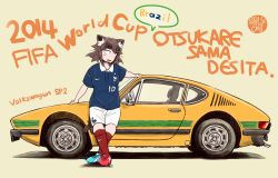 1girl 2014_fifa_world_cup animal_ears brown_hair car cat_ears female_focus france kneehighs kunreishiki motor_vehicle original red_socks romaji_text san_mamiya shoes short_hair soccer soccer_uniform socks solo sportswear thick_eyebrows vehicle_focus volkswagen volkswagen_sp2 world_cup
