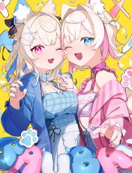 2girls animal_ears blue_choker blue_eyes blue_hair blue_jacket blue_nails blue_shirt blue_skirt choker collar dog_ears dog_girl dog_tail fang fuwawa_abyssgard fuwawa_abyssgard_(casual) highres hololive hololive_english interlocked_fingers jacket long_hair looking_at_viewer ma_n_maru mococo_abyssgard mococo_abyssgard_(casual) multicolored_hair multiple_girls official_alternate_costume open_mouth pink_collar pink_eyes pink_hair pink_jacket pink_nails shirt short_hair siblings sisters skirt smile streaked_hair tail twins virtual_youtuber white_shirt white_skirt