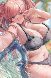 1girl anchor_hair_ornament atlanta_(kancolle) atlanta_(swimsuit)_(kancolle) beach bikini blurry blurry_background blush breasts brown_hair cleavage coconut_tree collarbone day earrings grey_bikini grey_eyes hair_ornament highres jewelry kantai_collection large_breasts long_hair looking_at_viewer lying miyako_(rgrayt) navel ocean palm_tree sand side-tie_bikini_bottom solo star_(symbol) star_earrings swimsuit tree two_side_up water