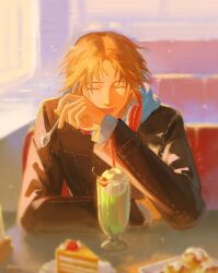 1boy arm_on_table black_jacket booth_seating brown_hair cake cake_slice cherry cinnamon_roll closed_eyes commentary diner drinking_straw food fruit hanamura_yousuke headphones headphones_around_neck highres holding holding_spoon hood hood_down ice_cream ice_cream_float jacket laughing layered_sleeves lilpong2 long_sleeves male_focus open_mouth persona persona_4 red_headphones school_uniform sitting solo spoon strawberry tongue upper_body whipped_cream white_hood yasogami_school_uniform