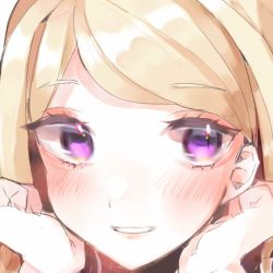 1girl akamatsu_kaede bad_id bad_twitter_id blonde_hair blush close-up danganronpa_(series) danganronpa_v3:_killing_harmony hands_on_own_face hands_up head kaeru_no_ko long_hair looking_at_viewer parted_lips portrait purple_eyes smile solo