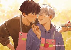2boys apron artist_name brown_hair brown_sweater cardcaptor_sakura closed_eyes commentary english_commentary fork glasses highres holding holding_fork holding_plate hood hoodie kinomoto_touya long_sleeves male_focus multiple_boys nekokonut22 plate purple_hoodie short_hair smile sweater tsukishiro_yukito upper_body white_hair