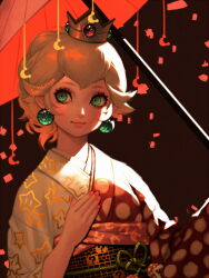 Rule 34 | 1girl, ?, ? block, alternate costume, artist name, bellhenge, black background, black sash, blonde hair, blue eyes, closed mouth, commentary, confetti, crescent print, crown, earrings, english commentary, eyelashes, flower knot, gold headwear, hand on own chest, holding, holding umbrella, japanese clothes, jewelry, kimono, light blush, lipstick, long hair, looking to the side, makeup, mario (series), mascara, mini crown, multicolored kimono, nail polish, nintendo, obi, oil-paper umbrella, pink kimono, pink lips, pink nails, pink umbrella, piranha plant, polka dot, polka dot kimono, ponytail, princess peach, red kimono, sash, smile, solo, sphere earrings, star (symbol), star print, super smash bros., super star (mario), umbrella, upper body, white kimono