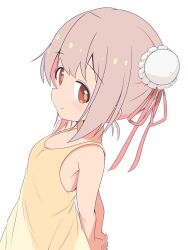 Rule 34 | 1girl, bare arms, bare shoulders, closed mouth, dress, flat chest, hair bun, highres, looking at viewer, onii-chan wa oshimai!, oyama mahiro, red eyes, sidelocks, simple background, sleeveless, sleeveless dress, solo, unkimo, white background, yellow dress