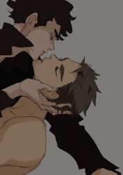 2boys arm_support black_hair brown_eyes brown_hair collared_shirt commentary eye_contact grey_background haikyuu!! hand_on_another&#039;s_face highres hk_smith_man imminent_kiss long_sleeves looking_at_another male_focus multiple_boys nude open_collar parted_lips popped_collar profile sakusa_kiyoomi shirt short_hair simple_background symbol-only_commentary thick_eyebrows ushijima_wakatoshi yaoi