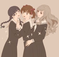 3girls 55bata6rou :d black_hair black_serafuku black_shirt black_skirt braid brown_eyes brown_hair cowboy_shot fukuzawa_yumi grey_background hair_ribbon hands_up highres holding_hands interlocked_fingers long_hair long_sleeves looking_at_another looking_back maria-sama_ga_miteru multiple_girls neckerchief one_eye_closed open_mouth pleated_skirt ribbon sailor_collar school_uniform serafuku shimazu_yoshino shirt short_hair skirt smile sparkle standing toudou_shimako twin_braids twintails wavy_hair white_neckerchief white_sailor_collar