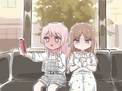 Rule 34 | 2girls, bang dream!, bang dream! it&#039;s mygo!!!!!, blue eyes, blush, brown hair, cellphone, chihaya anon, commentary, dress, full-face blush, grey dress, grey eyes, holding, holding phone, indoors, jewelry, long hair, lyy, multiple girls, nagasaki soyo, necklace, phone, pinafore dress, plaid clothes, plaid dress, shirt, short sleeves, sidelocks, sitting, sleeveless, sleeveless dress, smartphone, v, white shirt