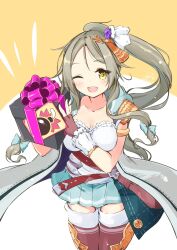 1girl ;d armlet atelier_(series) atelier_lydie_&amp;_suelle blue_skirt bomb box breasts brown_gloves brown_hair cleavage cowboy_shot explosive fingerless_gloves firis_mistlud gift gift_box gloves hands_up highres holding holding_gift jewelry long_hair looking_at_viewer medium_breasts minidraco one_eye_closed open_mouth pleated_skirt ponytail shirt skirt sleeveless sleeveless_jacket smile solo standing white_shirt yellow_eyes
