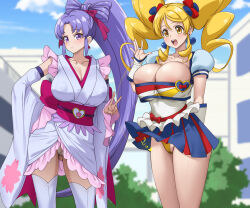 2girls arm_behind_back blonde_hair blue_sky bow breasts building cleavage cloud covered_erect_nipples cure_fortune cure_honey day detached_sleeves earrings fuooooo hair_bow hair_ribbon hand_on_own_hip happinesscharge_precure! highres hikawa_iona japanese_clothes jewelry kimono large_breasts multiple_girls oomori_yuuko open_mouth outdoors paid_reward_available panties ponytail precure pubic_hair purple_eyes purple_hair ribbon skirt sky standing teeth thighhighs twintails underwear upper_teeth_only v white_thighhighs yellow_eyes yellow_panties