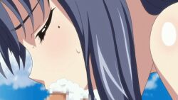 10s 1girl animated animated_gif blue_hair breasts censored closed_eyes cum cum_in_mouth cum_overflow fellatio jewelry kyonyuu_fantasy long_hair majin_label mole mole_under_eye oral outdoors paizuri penis precum roxanne_de_desir solo_focus