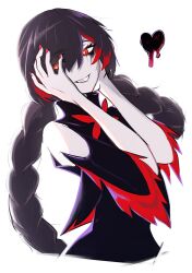 1girl black_dress black_hair braid clothing_cutout cradle_(pgr) dress grin hair_over_one_eye hands_on_own_head highres looking_at_viewer magic_circle pale_skin punishing:_gray_raven red_eyes red_nails red_streaks shoulder_cutout smile solo symbol-shaped_pupils twin_braids white_background yukiharuorent
