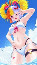 1girl akirappy blonde_hair blue_hair breasts grey_hair heart heart-shaped_pupils highres jack_the_ripper_(monster_strike) multicolored_hair swimsuit symbol-shaped_pupils