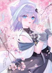 1girl absurdres bare_shoulders blue_eyes cherry_blossoms flower grey_hair highres holding holding_flower kaga_sumire light_blush looking_at_viewer open_mouth shinomiya_ino smile solo teeth upper_teeth_only virtual_youtuber vspo!