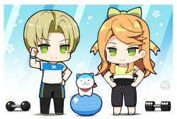 1boy 1girl 1other alfred_(fire_emblem) ball bandana bandana_around_neck black_undershirt blonde_hair blue_fur bow chibi crop_top crop_top_overhang dumbbell etie_(fire_emblem) exercise_ball exercising fire_emblem fire_emblem_engage green_bow green_eyes komurice nintendo orange_hair pants red_bandana sommie_(fire_emblem) sweatpants training_outfit_(fire_emblem_engage) two-tone_fur white_fur workout_clothes