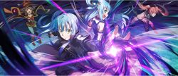 +_+ 1other 3girls ahoge aqua_(konosuba) back-to-back bandaged_leg bandages belt black_cloak black_coat black_hat black_panties black_pants black_shirt black_thighhighs blue_eyes blue_hair blue_shirt boots breasts brown_belt brown_boots brown_hair cloak closed_mouth coat collar collarbone crop_top crossover detached_sleeves dress excited floating_hair furrowed_brow game_cg grin groin_tendon hair_between_eyes hair_rings hair_tie hat high_collar highres holding holding_staff holding_sword holding_weapon huge_ahoge katana knee_boots knees_together_feet_apart kono_subarashii_sekai_ni_shukufuku_wo! konosuba!_fantastic_days large_breasts leaning_forward long_hair long_sidelocks long_sleeves looking_at_viewer looking_back mage_staff magic megumin milim_nava multiple_girls navel official_art open_mouth outdoors outstretched_arms panties pants pink_hair pink_thighhighs red_boots red_dress red_eyes rimuru_tempest shirt short-sleeved_coat short_dress short_hair short_hair_with_long_locks short_sleeves side-tie_panties sidelocks single_hair_ring single_thighhigh sleeveless sleeveless_shirt small_breasts smile staff standing striped_clothes striped_thighhighs sword tensei_shitara_slime_datta_ken thigh_strap thighhighs twintails two-tone_thighhighs underwear v-shaped_eyebrows very_long_hair weapon white_collar white_sleeves white_thighhighs witch_hat yellow_eyes zettai_ryouiki