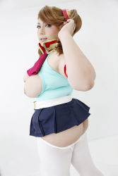 Rule 34 | 10s, 1girl, asian, boots, breasts, brown eyes, brown hair, censored, chouzuki maryou, cosplay, female focus, gundam, gundam build fighters, gundam build fighters try, hair ornament, high heel boots, high heels, highres, photo (medium), plump, sazaki kaoruko, sazaki kaoruko (cosplay), solo