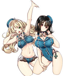10s 218 2girls ;d absurdres adapted_costume arm_up armpits ascot atago_(kancolle) bare_arms beret bikini black_eyes blonde_hair blush breasts brown_hair choker cleavage covered_erect_nipples cowboy_shot cropped_legs gluteal_fold green_eyes hair_between_eyes hand_on_own_chest hand_up hat highres kantai_collection large_breasts long_hair looking_at_viewer multiple_girls navel one-piece_swimsuit one_eye_closed open_mouth outstretched_hand parted_lips sidelocks simple_background sleeveless smile stomach swimsuit takao_(kancolle) underboob white_background
