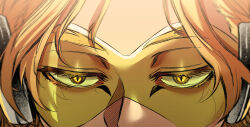 1boy blonde_hair boku_no_hero_academia close-up expressionless eye_focus eyelashes hawks_(boku_no_hero_academia) headphones highres mouth_out_of_frame short_hair sigma778 slit_pupils solo tinted_eyewear yellow-tinted_eyewear yellow_eyes