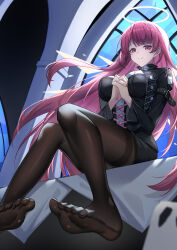 1girl absurdres arknights black_jacket black_pantyhose black_shorts chinese_commentary closed_mouth commentary_request dai_mao_xuan_yi detached_wings feet full_body halo highres interlocked_fingers jacket lemuen_(arknights) long_hair long_sleeves looking_at_viewer no_shoes own_hands_clasped own_hands_together pantyhose pink_eyes pink_hair praying shorts sitting smile soles solo split_mouth toes traditional_halo very_long_hair white_halo wings