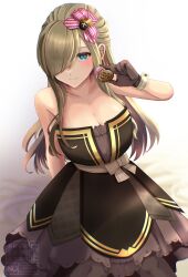 1girl arm_behind_back bare_arms bare_shoulders blue_eyes blush breasts brown_dress brown_gloves brown_hair brown_pantyhose candy chocolate chocolate_heart cleavage closed_mouth collarbone dress feet_out_of_frame food frilled_dress frills gloves hair_ornament hair_over_one_eye hair_ribbon heart heart-shaped_food holding holding_chocolate holding_food komegura large_breasts long_hair looking_at_viewer mixed-language_commentary official_alternate_costume pantyhose pink_ribbon ribbon sidelocks sitting smile solo strapless strapless_dress tales_of_(series) tales_of_asteria tales_of_the_abyss tear_grants valentine watermark