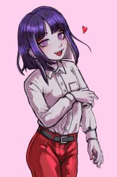 1boy belt ear_piercing earrings heart jewelry long_sleeves looking_at_viewer male_focus open_mouth pants parted_bangs piercing pink_background pink_eyes purple_hair red_pants shirt simple_background solo solo_focus standing teeth the_hundred_line_-last_defense_academy- tongue tsukumo_ima white_shirt