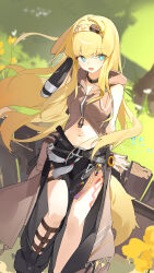 Rule 34 | 1girl, absurdres, animal ears, aqua eyes, arknights, belt, black belt, black choker, black gloves, blonde hair, brigid (arknights), choker, elbow gloves, fence, gloves, grass, highres, leg tattoo, long hair, navel, open mouth, single elbow glove, sitting on fence, smile, solo, tail, tattoo, teketi, yellow tail