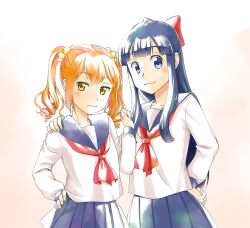 2girls :3 blue_eyes blue_hair blue_skirt chigayasan collarbone commentary_request hair_ornament hair_scrunchie hand_on_another&#039;s_shoulder hand_on_own_hip long_hair multiple_girls orange_hair pipimi pleated_skirt poptepipic popuko school_uniform scrunchie serafuku shirt skirt upper_body white_shirt yellow_eyes