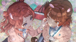 2girls :d ;o ahoge brown_cardigan brown_hair brown_jacket cardigan cherry_blossoms commentary double_bun falling_petals food food_on_face gakuen_idolmaster hair_bun hanami_saki hanami_ume hatsuboshi_gakuen_school_uniform highres idolmaster jacket long_sleeves looking_at_another multiple_girls one_eye_closed open_mouth outdoors petals picnic rice school_uniform siblings sisters sitting smile symbol-only_commentary takada_(pixiv_97599311) two_side_up