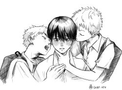 3boys age_comparison age_difference aged_down backpack bag black_hair blush child dual_persona fingernails greyscale highres hikaru_(hikaru_ga_shinda_natsu) hikaru_ga_shinda_natsu imminent_kiss kiss kissing_hair male_focus mole mole_on_cheek mole_under_eye mole_under_mouth monochrome multiple_boys multiple_moles onii-shota open_mouth school_uniform shirt short_hair sketch snaf_uyu tsujinaka_yoshiki very_short_hair white_hair white_shirt yaoi