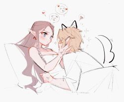 1boy 1girl animal_ears blonde_hair blue_eyes blush breasts brown_hair cleavage couple dog_boy dog_ears dog_tail dress earrings hands_on_another&#039;s_cheeks hands_on_another&#039;s_face hetero highres jewelry link long_hair manodemarina medium_breasts nintendo pointy_ears princess_zelda shirt short_hair sidelocks sketch sparkle tail tail_wagging the_legend_of_zelda the_legend_of_zelda:_twilight_princess white_background white_dress white_shirt