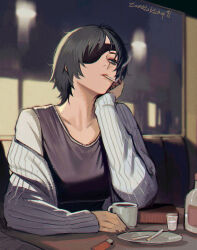 1girl alcohol black_hair black_shirt booth_seating bottle chainsaw_man cigarette coffee cup eyepatch green_eyes grey_jacket highres himeno_(chainsaw_man) jacket lighter mug plate shirt short_hair sitting smoke smoking solo table tomatoketchup96 vodka window
