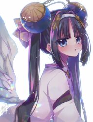 Rule 34 | 1girl, black hair, blue eyes, bow, breasts, dress, emil chronicle online, from side, hair bow, hair ornament, hairband, highres, japanese clothes, long hair, mitama ruri, satsuki atan, small breasts, twintails, upper body, white background, white dress, white hairband, white wings, wings