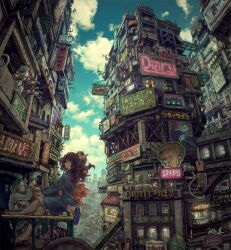 2girls absurdly_detailed_composition animal balcony bandaid bandaid_on_face billboard bird blue_bird blue_kimono blue_robe blue_sky book breasts brown_hair building chinese_text city cityscape cloud complex_exterior day english_text flat_chest flip-flops green_eyes green_hair grey_sweater highres holding holding_book japanese_clothes junpei_(juntonanotukunanika) kimono long_hair looking_at_animal looking_at_viewer multiple_girls obi on_railing orange_sash original ponytail poster_(object) railing red_eyes robe sandals sash scenery sign sky skyscraper small_breasts sweater yukata