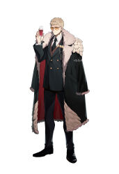1boy absurdres alternate_costume black_coat black_jacket black_necktie black_pants black_shoes black_suit blazer blonde_hair brooch chinese_commentary chuo_chuo_ye closed_mouth coat coat_on_shoulders collared_shirt commentary_request cup drinking_glass dungeon_meshi formal_clothes full_body fur-trimmed_coat fur_trim hand_up highres holding holding_cup jacket jewelry laios_touden loafers long_sleeves looking_at_viewer male_focus necktie pants ring shirt shoes short_hair simple_background solo standing suit sunglasses tinted_eyewear white_background white_shirt wine_glass winged_lion_(dungeon_meshi) yellow-tinted_eyewear