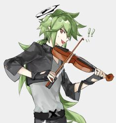 ! !! 1boy :d absurdres aotu_world belt black_belt black_gloves black_jacket black_pants bow_(music) chinese_commentary cowboy_shot cropped_jacket fingerless_gloves gloves green_hair grey_background grey_shirt hair_between_eyes halo highres holding holding_instrument holding_violin instrument jacket killgeli long_hair long_sleeves looking_at_viewer low_ponytail male_focus multicolored_eyes music open_clothes open_jacket open_mouth pants partially_fingerless_gloves playing_instrument pointy_ears ponytail red_eyes shirt sidelocks simple_background smile solo sweat sweatdrop tongue very_long_hair violin white_background xander_(aotu_world) yellow_eyes