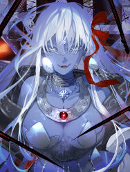 1girl armor bare_shoulders bikini_armor blue_skin breasts cleavage colored_skin extra_arms fate/grand_order fate_(series) highres kali_(fate) large_breasts long_hair looking_at_viewer open_mouth smile solo suzuhi_(fullprayer) third_eye