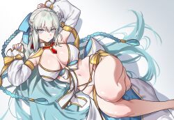 1girl absurdres barefoot bikini blue_eyes blue_hair braid breasts detached_sleeves ebora expressionless fate/grand_order fate_(series) hair_ribbon highres knee_up large_breasts long_hair lying morgan_le_fay_(fate) morgan_le_fay_(water_princess)_(fate) navel on_back ribbon solo swimsuit white_background white_bikini white_hair