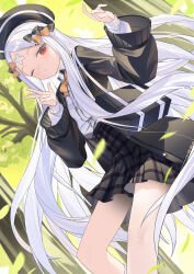 1girl abigail_williams_(fate) absurdres bag bandaid bandaid_on_head beret black_bow black_hat black_jacket black_skirt blush bow bowtie breasts collared_shirt crossed_bandaids fate/grand_order fate_(series) forehead hair_bow hat highres jacket keyhole long_hair long_sleeves looking_at_viewer miyu10366 one_eye_closed orange_bow parted_bangs red_eyes shirt shoulder_bag skirt small_breasts solo thighs white_hair white_shirt