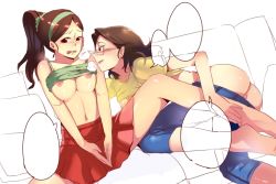 Rule 34 | 2girls, ass, barefoot, blush, breasts squeezed together, breasts, brown eyes, dae-han&#039;s mother, denim, frown, glasses, hairband, jeans, large breasts, long hair, mature female, min-gook&#039;s mother, multiple girls, nipples, open mouth, pants, rumo, skirt, smile, tank top, undressing, yuri