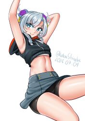 Rule 34 | 1girl, absurdres, arms up, bike shorts, bike shorts under skirt, black jacket, blue eyes, blue hair, braid, cowboy shot, double bun, grey skirt, hair bun, highres, hood, hooded jacket, invisible chair, jacket, kantai collection, katou shinobu, midriff, navel, official alternate costume, one-hour drawing challenge, shimane maru (kancolle), shimane maru (rainy season) (kancolle), shorts, shorts under skirt, simple background, sitting, skirt, sleeveless, sleeveless jacket, solo, twin braids, white background