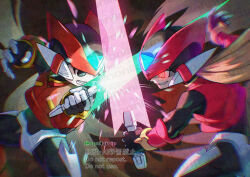 Rule 34 | 2boys, armor, battle, black eyes, blonde hair, energy sword, forehead jewel, helmet, male focus, mega man (series), mega man zero (series), multiple boys, omega (mega man), red armor, red eyes, red helmet, sharp teeth, sword, teeth, twitter username, watermark, weapon, yamanashi taiki, z saber, zero(z) (mega man), zero (mega man)