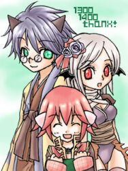 Rule 34 | 1girl, 2boys, :d, armor, assassin (ragnarok online), bandages, bandages over clothes, breasts, brown pants, cleavage, closed eyes, closed mouth, coat, commentary request, cowboy shot, dated commentary, flower, glasses, gold trim, green background, green eyes, grey hair, hair flower, hair ornament, hanbok, haruhana1104, korean clothes, leotard, looking at viewer, lowres, medium breasts, milestone celebration, multiple boys, open mouth, pants, pauldrons, pince-nez, pink hair, priest (ragnarok online), purple hair, purple leotard, ragnarok online, red coat, red eyes, rose, round eyewear, short hair, shoulder armor, smile, soul linker (ragnarok online), white flower, white rose