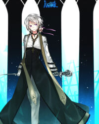 Rule 34 | 1boy, arch bishop (ragnarok online), black choker, black coat, blue background, choker, closed mouth, coat, commentary request, copyright name, cropped jacket, cross, cross choker, flower, full body, gloves, grey hair, hair flower, hair ornament, holding, holding staff, jacket, long sleeves, looking at viewer, male focus, pants, pink flower, purple eyes, ragnarok online, short hair, smile, solo, staff, standing, wane (ruki), white gloves, white jacket, white pants