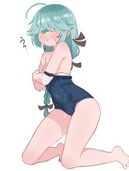 1girl ahoge aqua_hair barefoot black_ribbon blue_one-piece_swimsuit blue_school_swimsuit blush braid clothes_pull covering_breasts covering_privates embarrassed flat_chest hair_over_eyes hair_ribbon hamanami_(kancolle) kantai_collection kneeling loli long_hair looking_at_viewer matsu_(pixiv_115467950) off-shoulder off-shoulder_one-piece_swimsuit one-piece_swimsuit one-piece_swimsuit_pull ribbon school_swimsuit single_braid sweat swimsuit tears undressing wet white_background yellow_eyes