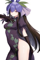 1girl black_gloves breasts brown_hair china_dress chinese_clothes chunjiu commentary dress flower flower_on_head food_print fruit_print gloves grape_print highres lobelia_(flower) long_hair looking_at_viewer open_mouth puffy_short_sleeves puffy_sleeves purple_dress purple_eyes purple_flower short_sleeves side_slit simple_background solo thighs touhou very_long_hair vine_print white_background yomotsu_hisami