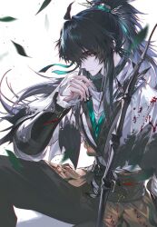 Rule 34 | 1boy, anlixl, black hair, black pants, chinese clothes, closed mouth, falling leaves, green ribbon, hair ornament, hair ribbon, hair stick, hand up, highres, leaf, long hair, looking at viewer, male focus, multicolored hair, pants, ponytail, qiuyuan (wuthering waves), ribbon, shirt, sitting, solo, streaked hair, white shirt, wuthering waves, yellow eyes