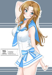 Rule 34 | 1girl, arm behind head, arm up, armpits, ass, blue eyes, blush, breasts, brown hair, highres, idolmaster, idolmaster cinderella girls, large breasts, looking at viewer, looking to the side, matsumoto sarina, natsuka (pwkf8487), outline, sailor swimsuit (idolmaster), smile, solo, white outline